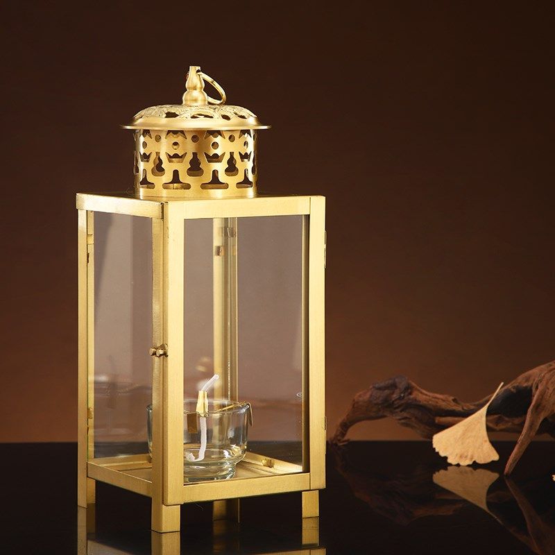 极速防风玻璃罩四面油灯黄铜酥油灯灯盏佛堂挂式点油长.明灯复古