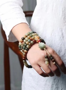 新品天然白玉菩提根10q8颗多宝色风化黄绿手链手串圆珠桶彩色菩提