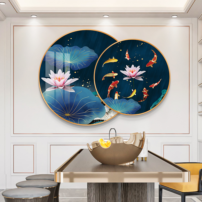 极速九鱼图荷花餐厅客厅装饰画沙发背景墙画圆形现T代挂画轻奢聚图片