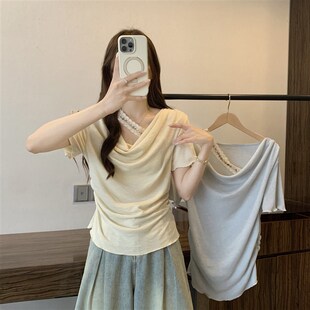 新品大码荡领短袖t恤女夏季胖mm显瘦收腰设计感S小众短款褶皱上衣