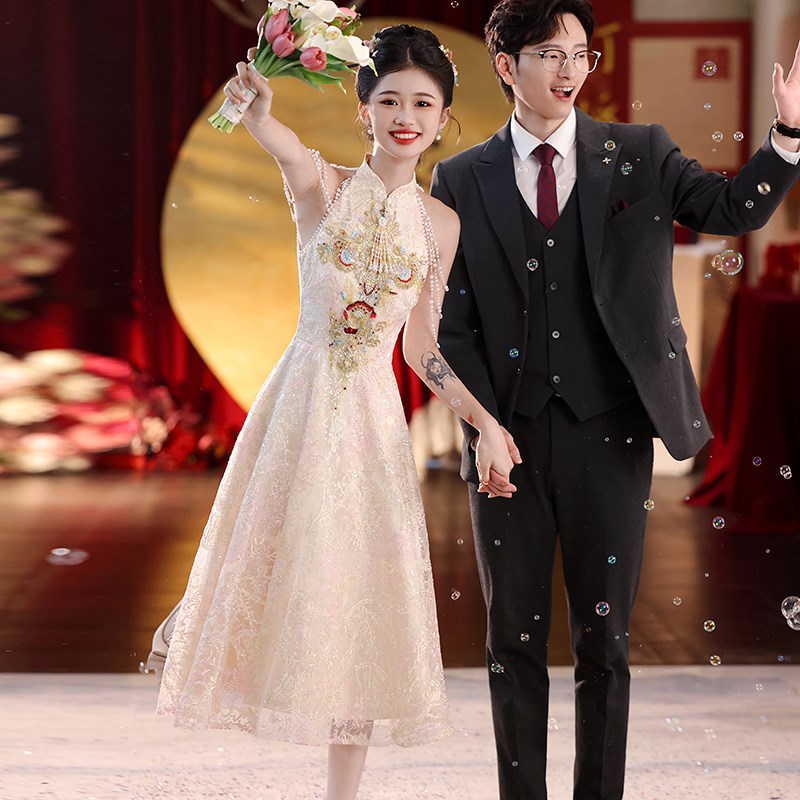 小个子敬酒服新娘202p5新款秋季订婚连衣裙领证登记香槟色旗袍礼