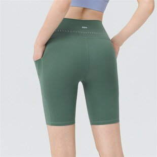 新品 女带口袋p裸感速干高腰提臀跑步训练健身运动骑行四 瑜伽短裤