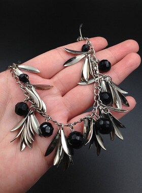 极速日本复古首饰黑水晶s球花叶片儿毛茸茸年会宴会 礼服颈链项链