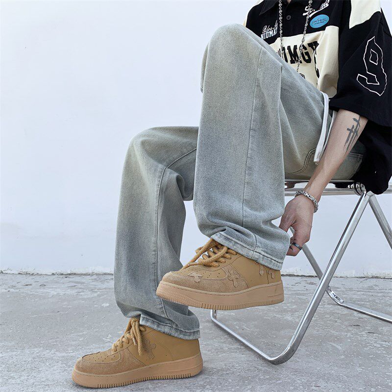 极速春季松紧腰做旧牛仔裤男款美式ins潮牌宽R松百搭水洗直筒阔腿