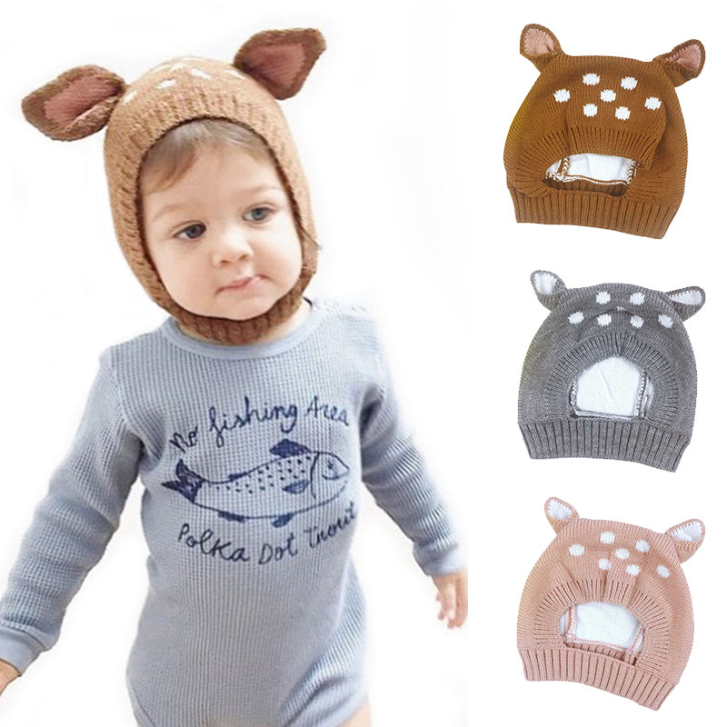 极速Winter Cute Deer Ears Baby Hat Cap KKnit Soft Baby Boy G