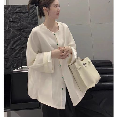 极速新中式国风圆领长p袖衬衫时髦轻奢重工单排扣小衫宽松休闲减