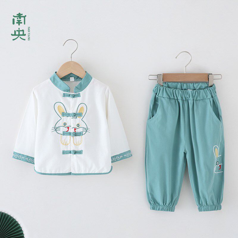 极速汉服b男童春季秋款儿童唐装长袖套装宝宝兔年周岁礼服中国风