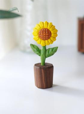 向日葵花仿真花不凋零小木雕治愈系摆件车载中控新年礼物女生礼物