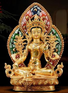 尼泊尔手工《绿度母》全鎏金雕花《度母》室内家用桌面铜像摆件