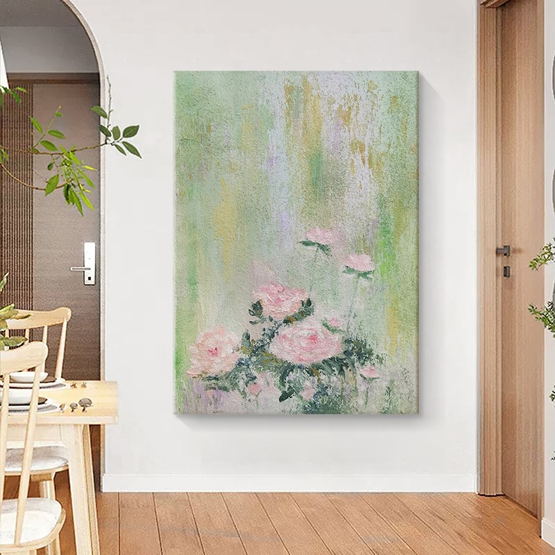 速发抽象砂岩丙烯肌理手绘油画粉色荷花客厅装饰壁画玄关和气生财图片
