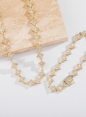 金澳饰品微镶锆石双吊四角星弹簧扣手链项链一套可搭配小红书热卖