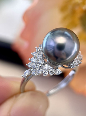 DIY珍珠配件 S925纯银冰雪高级感闪耀锆石珍珠戒指空托气质指环女