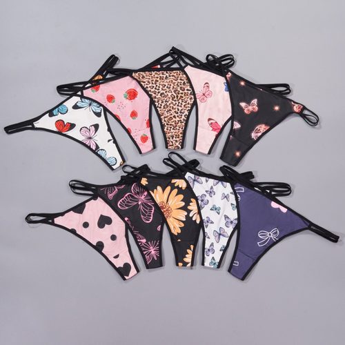 跨境欧美大码丁字内裤低腰细带一片式 女士三角裤随机印花10条装