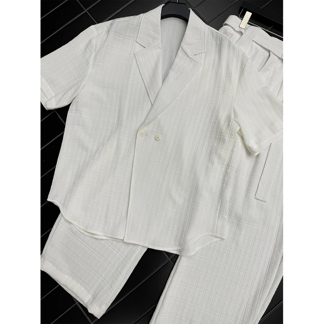 龙叨叨夏季新品简约高级感短袖西装套装男宽松肌理感西服休闲裤