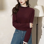 花边拼接半高领打底衫女秋冬双面磨毛修身设计感针织衫内搭ak2