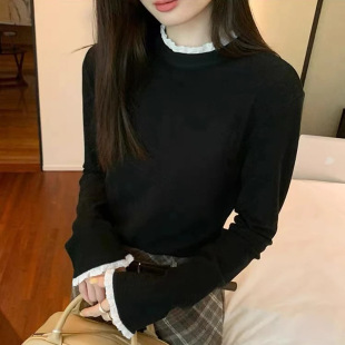 花边拼接半高领打底衫女