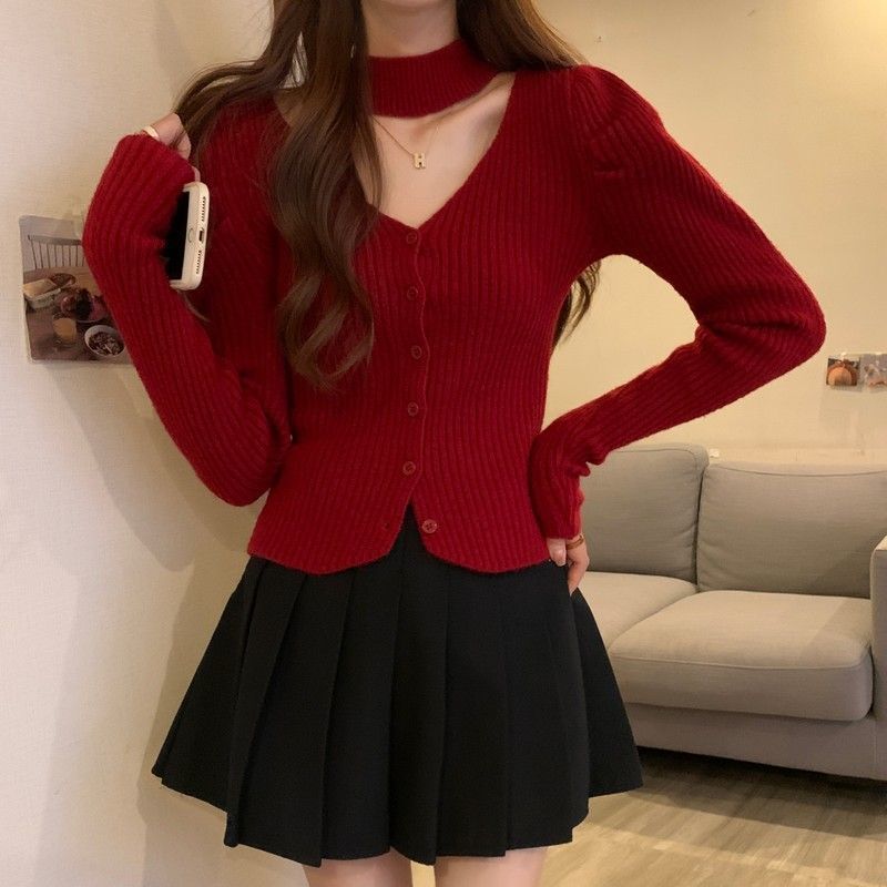 小心机打底衫女秋冬新款法式修身显瘦针织挂脖泡泡袖网红百搭上衣