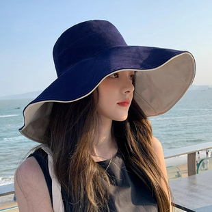 帽子双面女夏大檐防紫外线户外防晒遮阳休闲百搭女士太阳渔夫帽