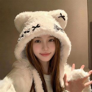 小熊蝴蝶结帽子女秋冬季2025新款可爱保暖护耳朵显脸小毛绒针织帽