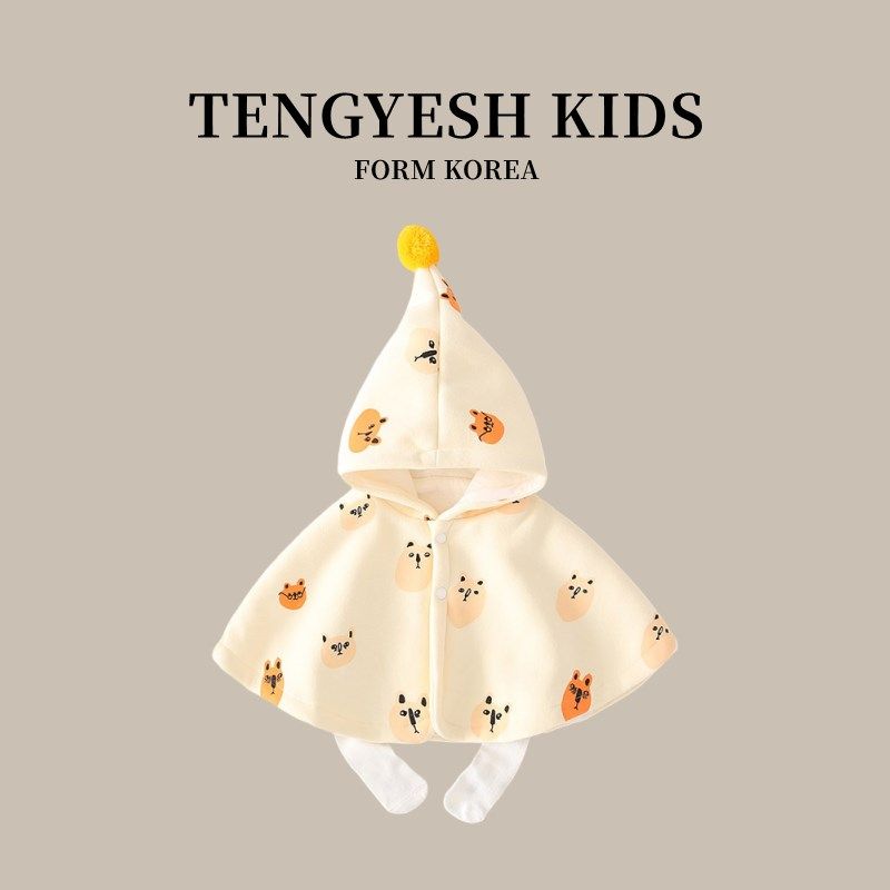 极速韩国TENGYESH婴儿外出y防风斗篷秋冬装女童小披肩宝宝披风百