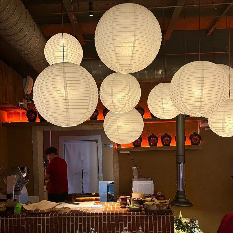 极速新中式茶g馆咖啡厅酒店大堂吊顶装饰白色纸灯吊灯圆球吊灯纸