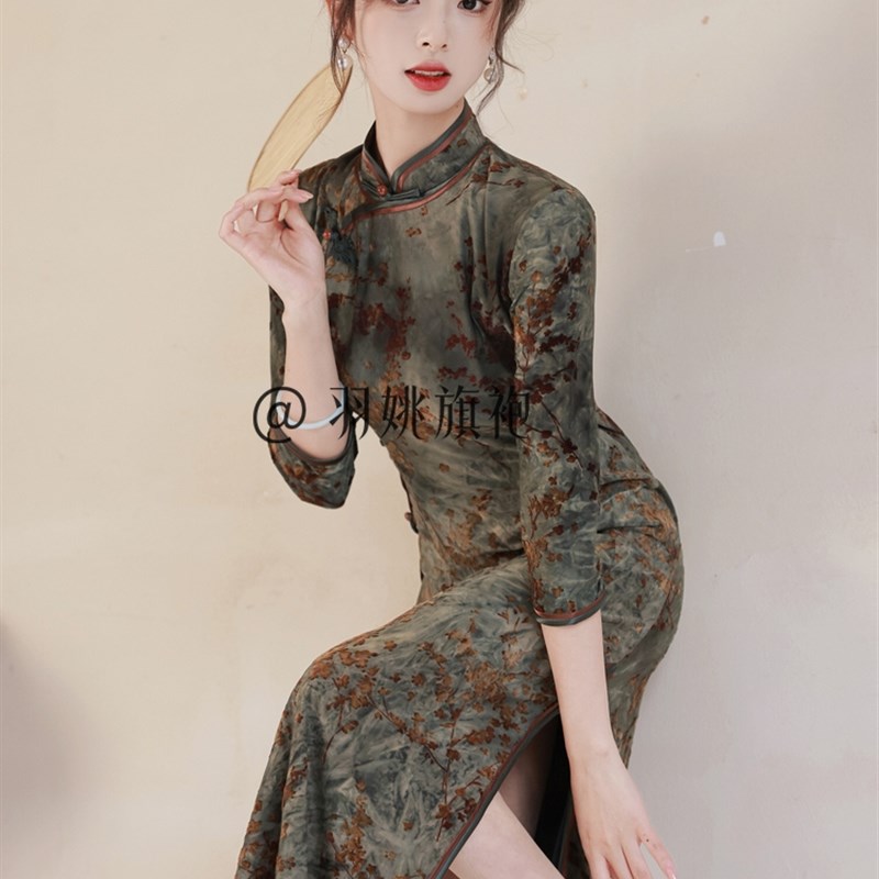 扎染绿色旗袍中式女老上海传统y丝绒复古优雅气质改良长款走秀演