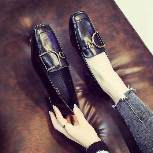 极速香港小皮鞋女2023春季新款金E属扣中跟百搭一脚蹬英伦风软皮