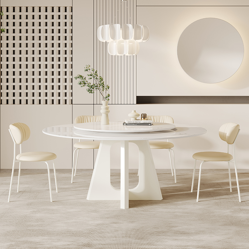 极速岩板圆桌轻奢高m端风现代简约带转盘奶油风家用小户型圆形餐