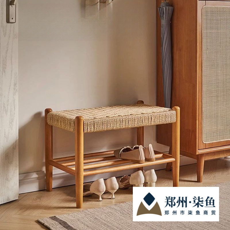 全实木樱桃木色编织玄关换鞋凳