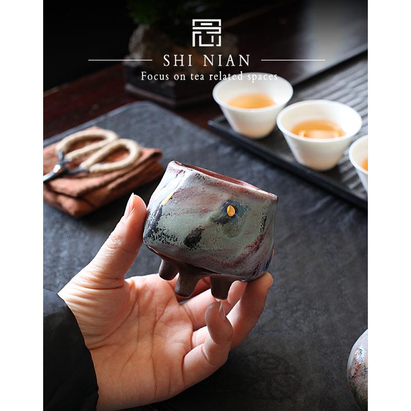 柴烧主人杯复古窑变三足茶杯陶瓷功夫泡茶杯单杯高端家用开片可养