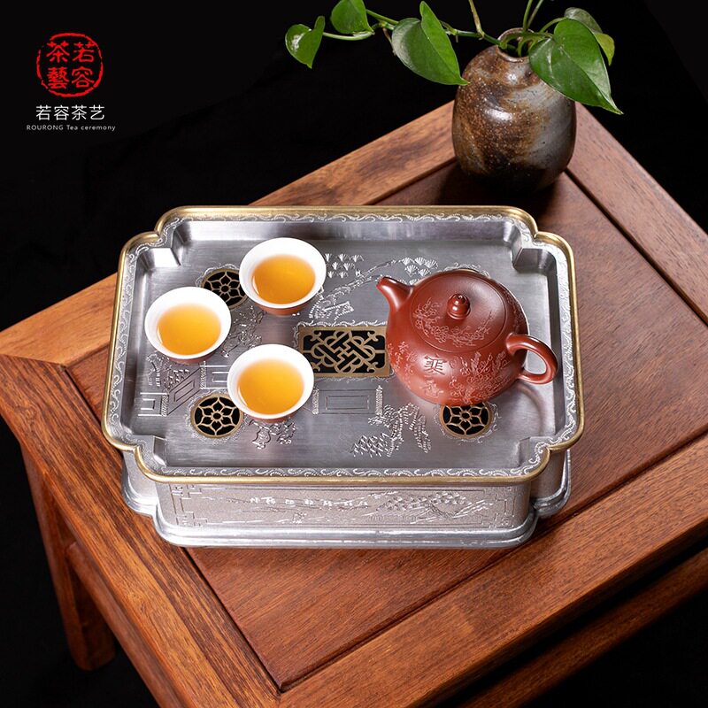 潮汕锡茶盘锡包铜边手工壶承干泡台茶船潮州工夫茶锡茶具颜氏锡器