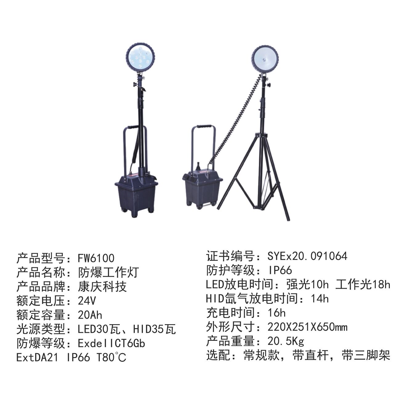 FW6100 防汛应急防爆工作灯 移动抢险照明灯 LED30W HID35W