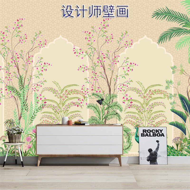热销美式简约热带植物花鸟墙布客w厅沙发背景墙纸壁W布卧室玄关定