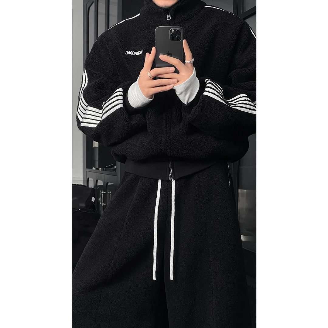 龙刀刀冬季新品美式复古运动条纹摇粒绒百搭立领外套宽松长裤套装