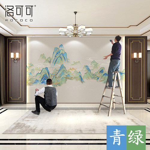 热销新中式国画山水墙布r电视背景墙壁纸客厅影视墙壁画千里江山
