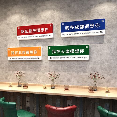 热销网红打e卡背景拍照区路牌定制我在很想你立体墙贴店铺墙面装