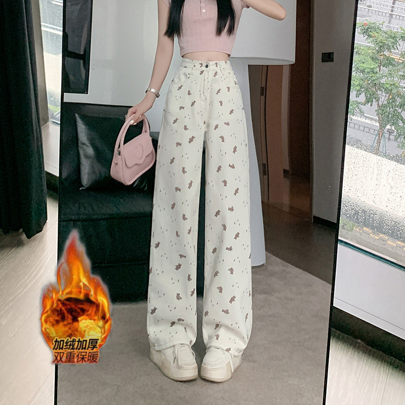 秋冬季加绒加厚高腰小熊印花牛仔裤女设计感小众显瘦直筒阔腿裤子