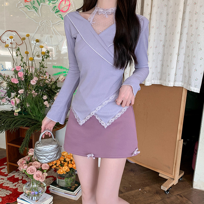 纯欲风蕾丝花边长袖上衣半身裙