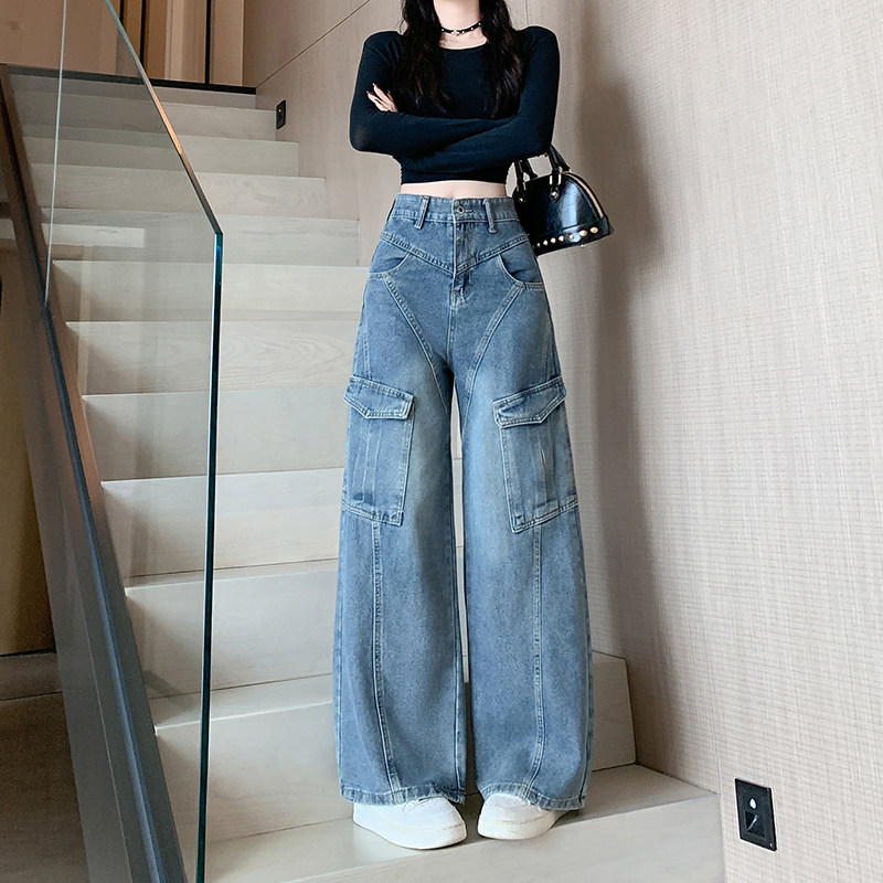 美式复古工装阔腿牛仔裤女