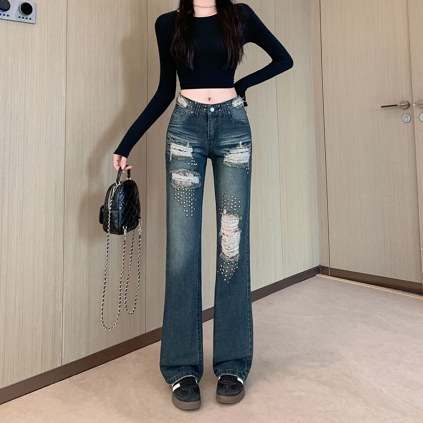 秋季辣妹蕾丝拼接显瘦牛仔阔腿裤