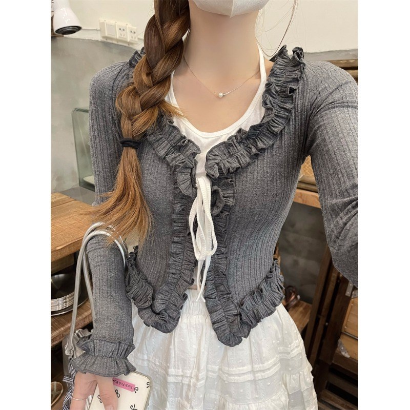 木耳边挂脖上衣女2l024秋季大码胖MM遮肚显瘦设计感假两件长袖T恤