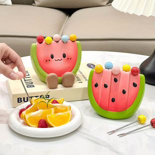 家用不锈钢甜品可爱小叉子收纳罐果插儿童安全果签 西瓜水果叉套装