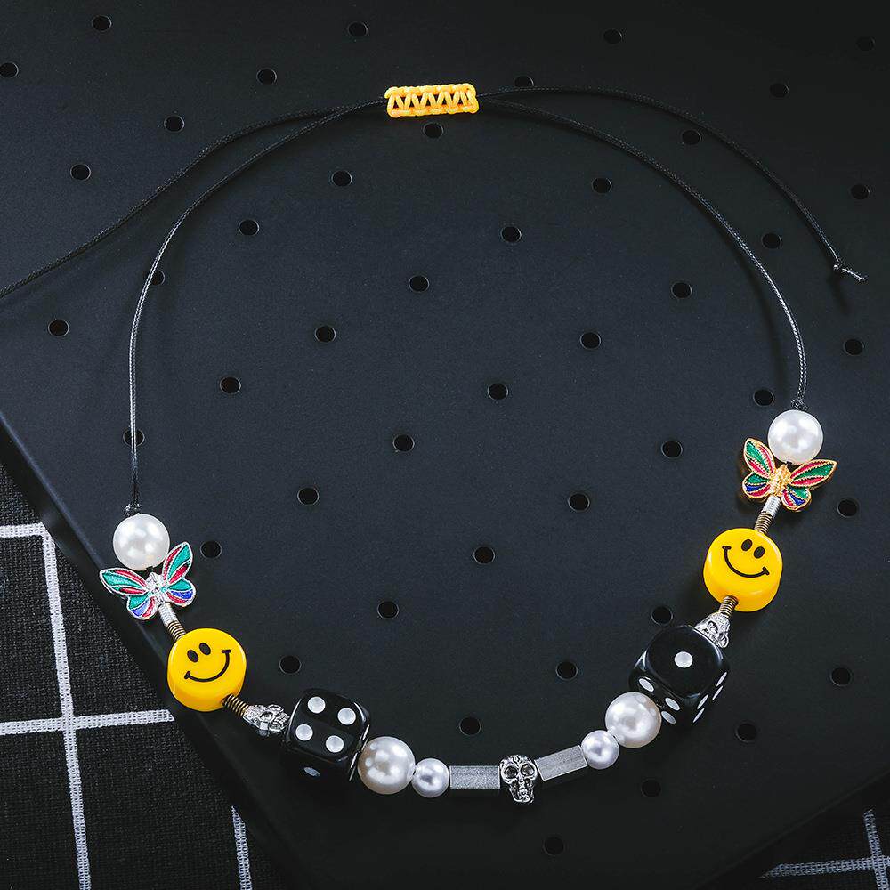 asap rocky明星同款骰子珍珠项链时尚男女笑脸吊坠钛钢饰品