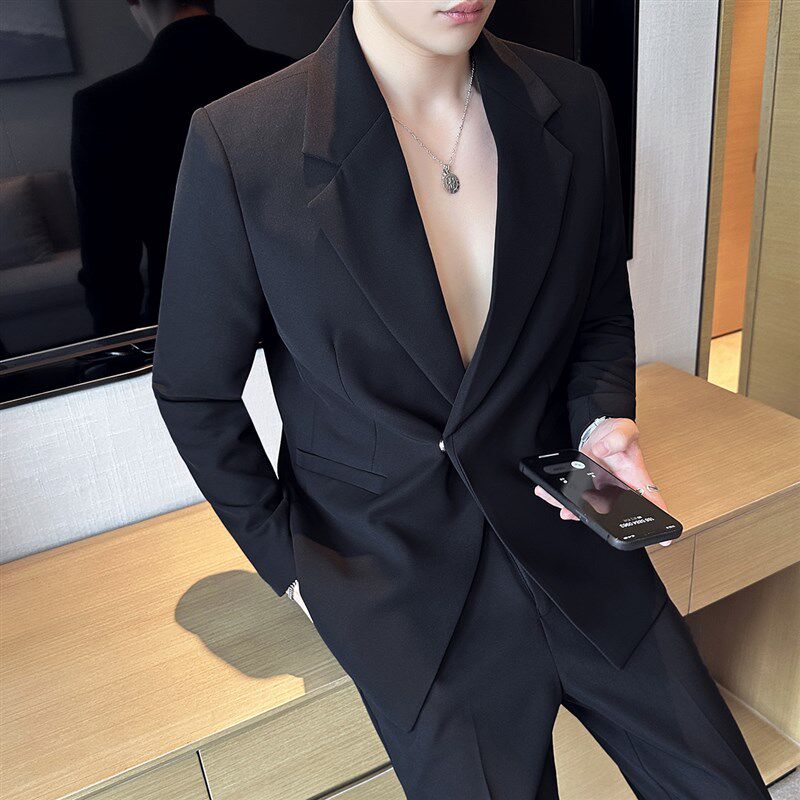 新品磁吸纽扣微阔西装男套装春夏C新款时尚潮流高端帅气时尚西装