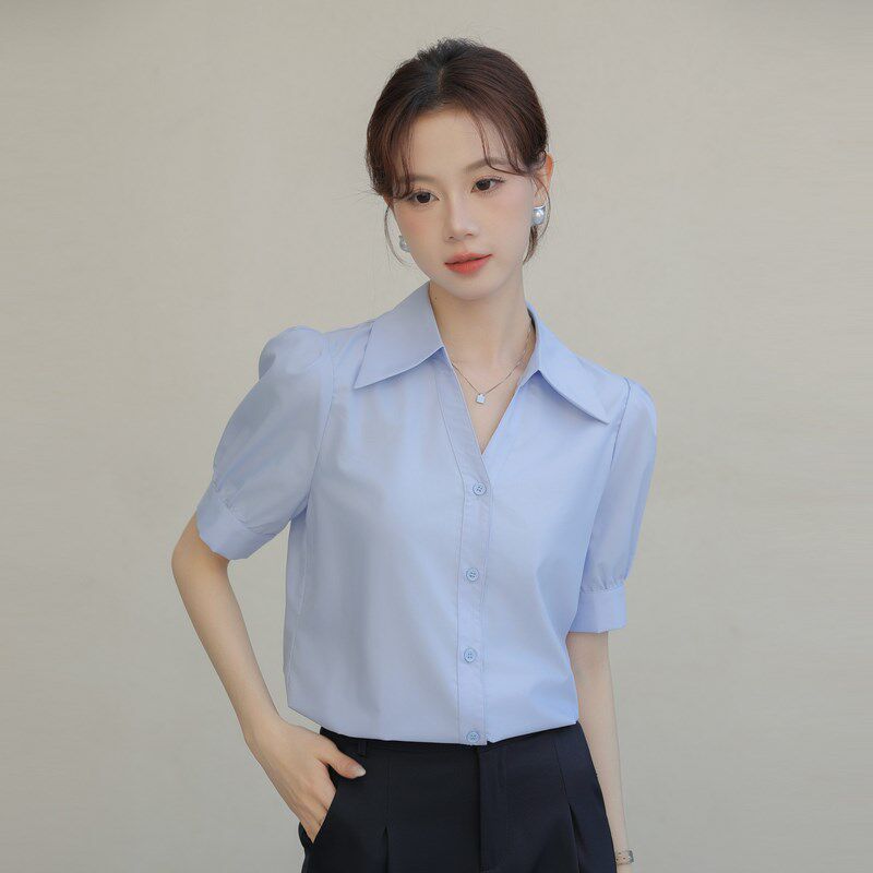 新品蓝色衬衫女短袖夏季教资面试穿搭职业正装公考小X个子职场通