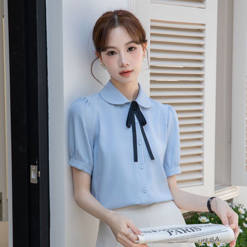 新品雪纺短袖衬衫女夏季新款小个子通勤穿搭N职业正装教资面试套