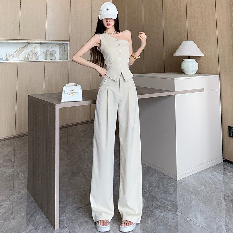 新品时尚不规则h斜肩马甲上衣套装女夏装搭配一整套直筒阔腿裤两