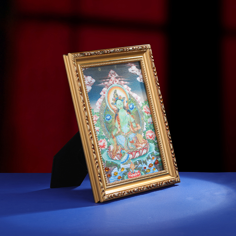 极速西藏唐卡纯手绘七宝石彩砂画绿度母菩萨家P居摆件唐卡佛像砂