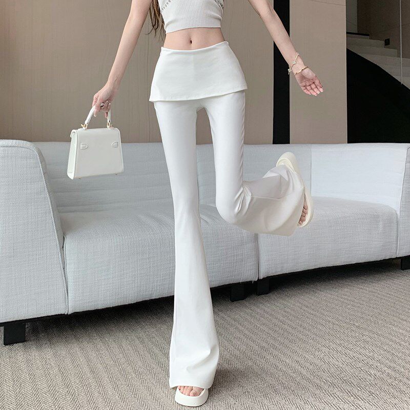 新品白色微喇西装裤女夏季v薄款设计感假两件拼接低腰休闲裤垂感