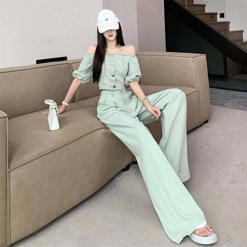 新品时尚辣妹牛仔套装女夏季新款一字肩短款上衣高腰X直筒阔腿裤